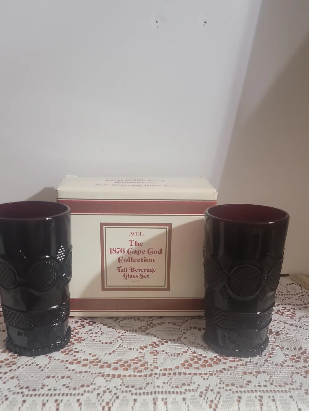 Avon 1876 Cape Cod Collection Ruby Red Tall Bevwrage Glass Set